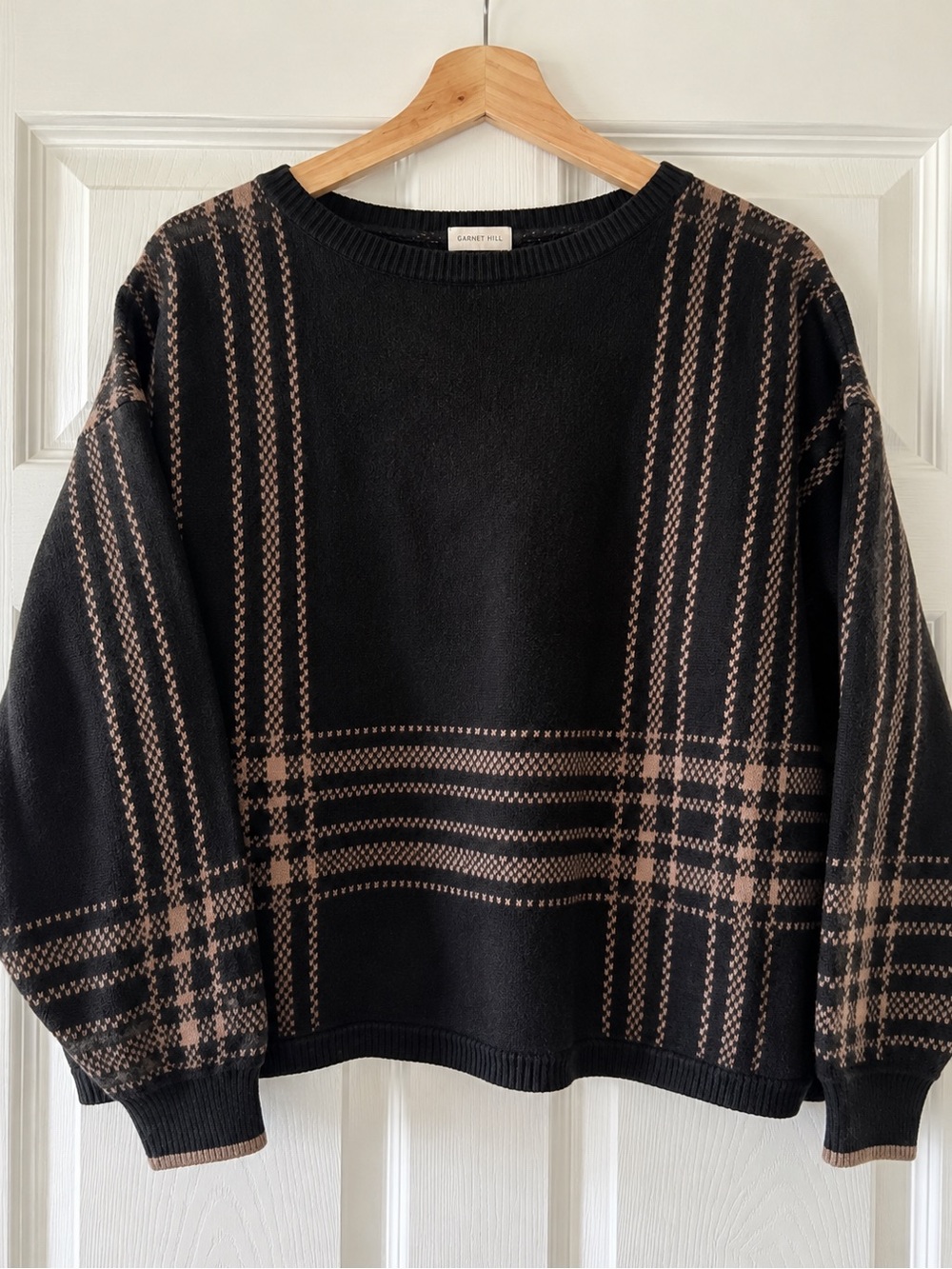 Garnet Hill Black and Brown Plaid Sweater